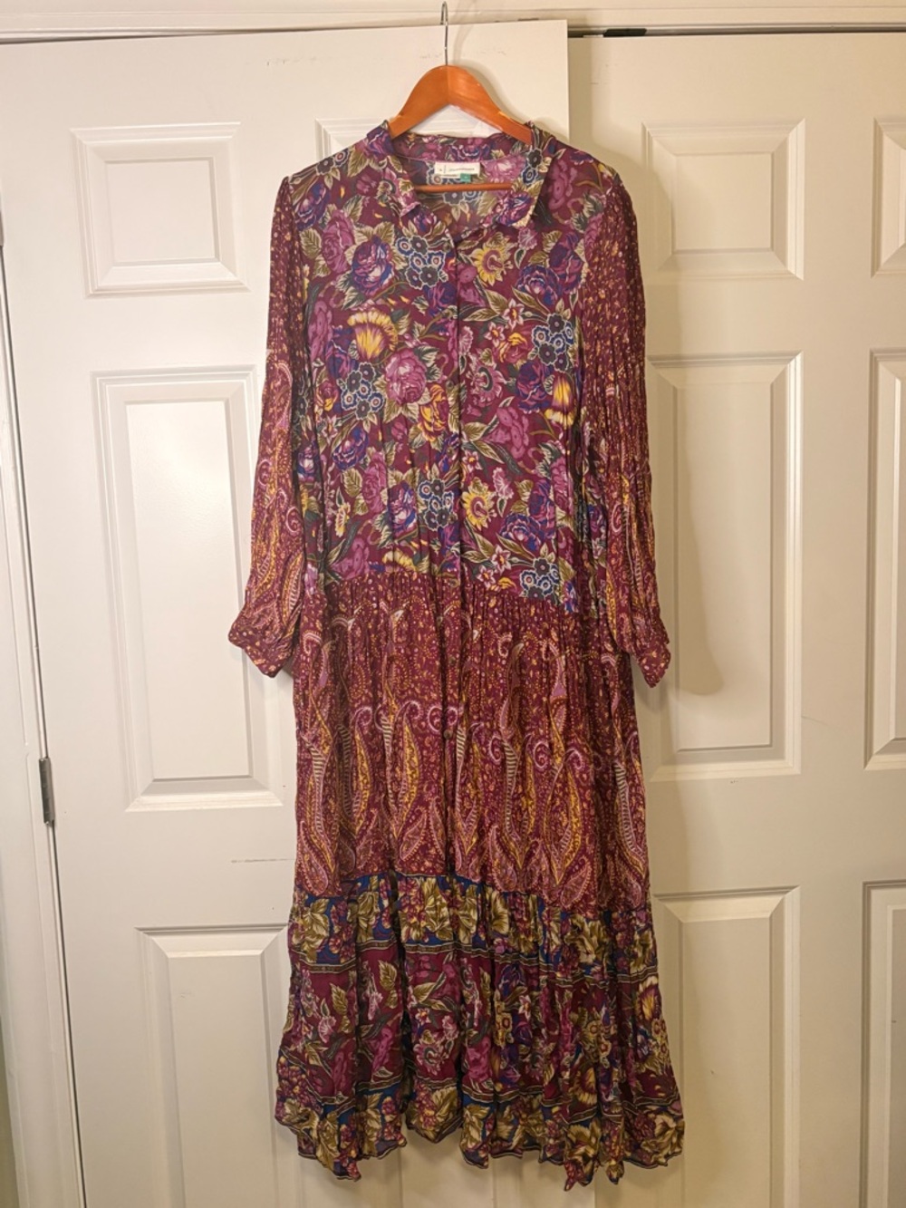 Anthropologie Nikole Maxi Shirt Dress Purple Pink Paisley Long Sleeve Boho